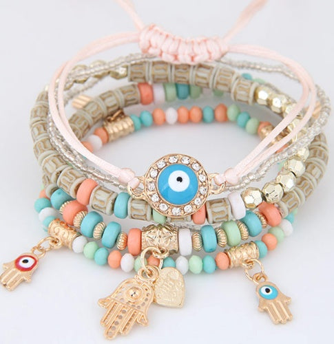 LEMOER Kabbalah Fatima Hamsa Hand Blue Evil Eye Heart Charm Bracelets & Bangles Multilayer Beads Turkish Pulseras For Women