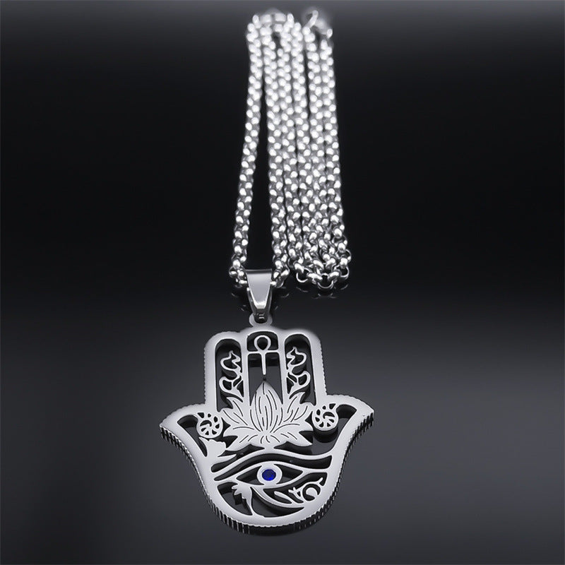 Fatima's Hand Of Hamsa Horus Lotus Eye Necklace Women's Stainless Steel Silver Ankle Key To Life