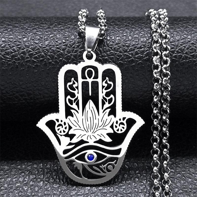 Fatima's Hand Of Hamsa Horus Lotus Eye Necklace Women's Stainless Steel Silver Ankle Key To Life