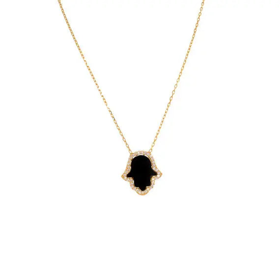 Black Onyx Czs Hamsa Jewelry hand pendant for women - Palm necklace Gold and Silver and Rose Gold