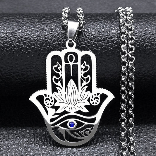 Fatima's Hand Of Hamsa Horus Lotus Eye Necklace Women's Stainless Steel Silver Ankle Key To Life