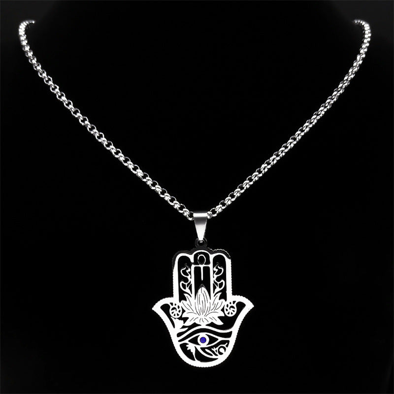 Fatima's Hand Of Hamsa Horus Lotus Eye Necklace Women's Stainless Steel Silver Ankle Key To Life